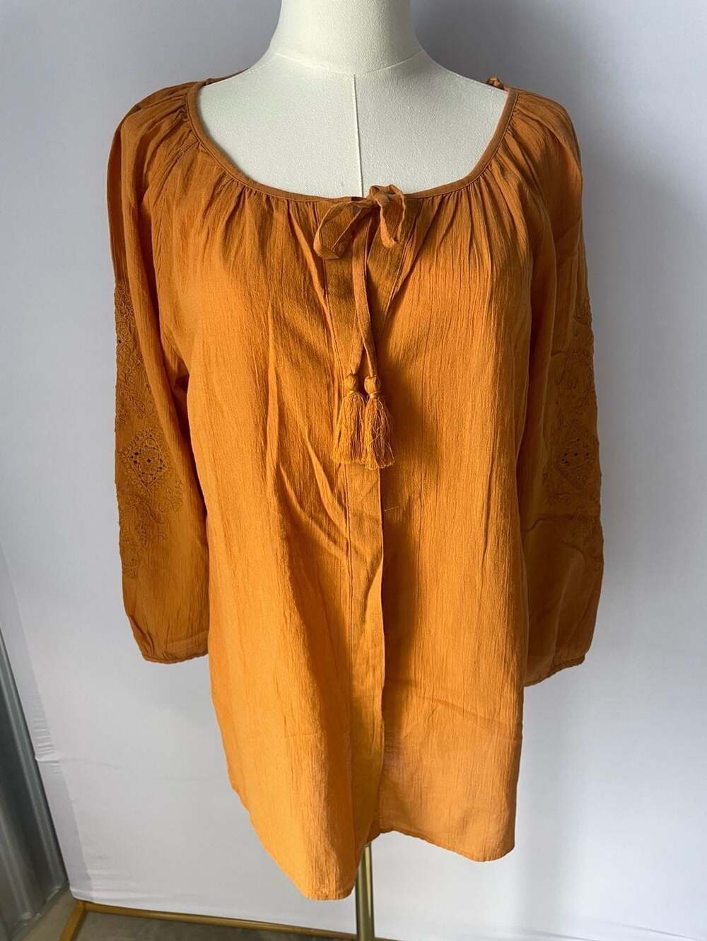 Massimo Dutti Burnt Orange Embroidered Peasant Boho Blouse